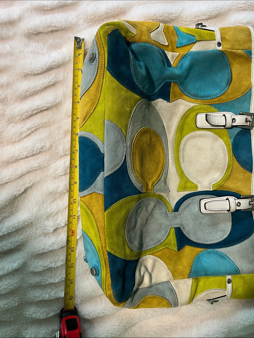 Coach Vintage/Y2K Multicolor Suede Patchwork Tote Bag White Leather Trim - Picture 13 of 16